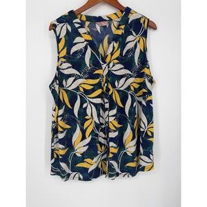 AMANA Women Tank Top 3X Blue Yellow Tropical Floral Boho Summer Sleeveless Top